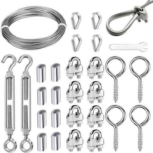 Cable Set with 10M Wire Rope M2 Wire Rope Clamp M5 Hook Eyelet Spanner Stainless Steel for Tent Ropes Washing Lines