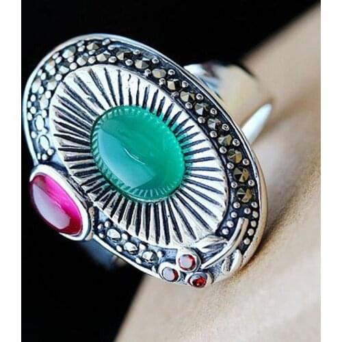 New solid 925 sterling silver jewelry with natural green chalcedony female ring vintage Thai silver ring for woman
