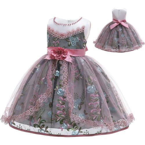 New Girls Party Dresses Kids Flower Lace Embroidery Wedding Bridesmaid Dress Girls Dancing Gown