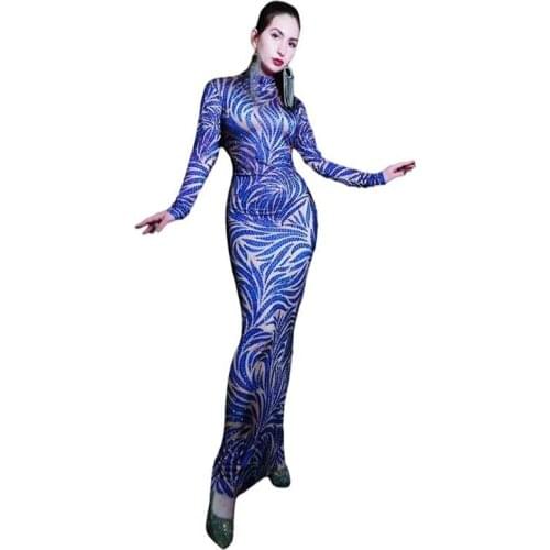 Sexy Luxury Birthday Purple Blue Rhinestones Long Dress Stretch Wrap Hips Spandex Skinny Long Sleeve Women Singer Host Outfit