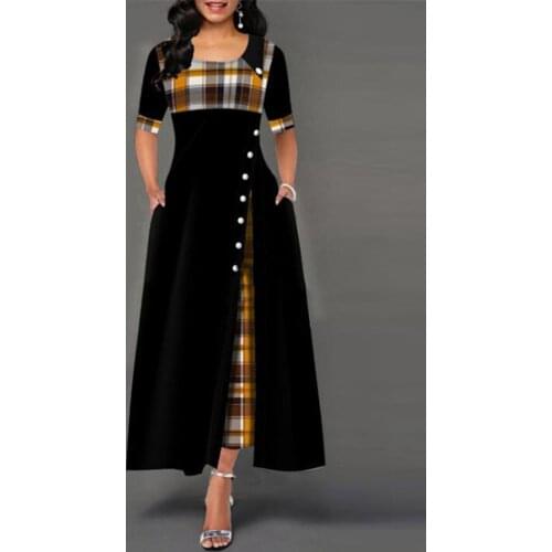 Plus size 4xl 5xlv y2k Women Elegant Long Plaid Print Party Dresses Irregular Ladies Vintage Button Dress Patchwork A-Line