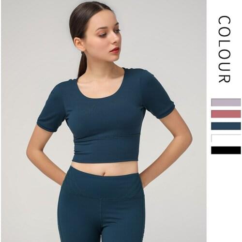 Yoga Shirts Women Shockproof Gathered Sexy Cross Beautiful Back Nude Sports Waist Sealing Short Sleeve T-Shirts