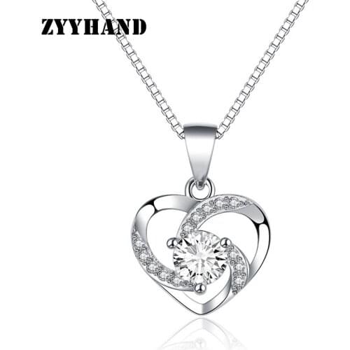 Rhodium Plated Zircon Women Heart Necklace Ribbon Luxury Girl Wedding Clean Stone Pendant Lady Party Necklaces
