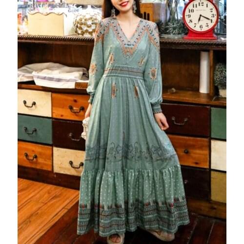 Boho Floral Printed Maix Dress Korea 2021 Summer V-neck Elastic Waist Long Sleeve Big Hem Slim Travel Holiday Beach Long Dresses