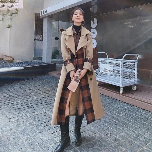 Women Khaki Windbreaker Spring Autumn Plaid Stitching Long Korean Loose Ladies Cape Trench Coat Female Fashion Windproof Jacket