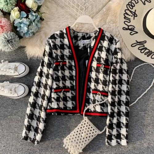YIZZHOY Autumn Winter New Women Fashion Small Fragrant Clothes Contrast Color Lattice Short Suit Coat Long Sleeve Cardigan