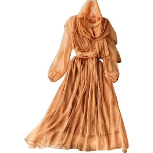 Vestidos de Mujer Design Women Chiffon Dress Autumn Retro Long sleeve V Neck Elegant Solid Dress Korean A-line Holiday Dress