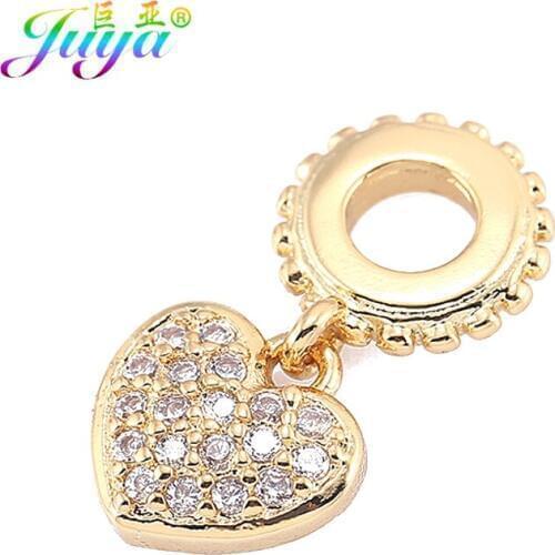 Juya 5pcs Wholesale DIY Big Hole Bails Beads Gold/Rose Gold 4mm Hole Heart Charm Beads For Europe Charm Bracelets Making