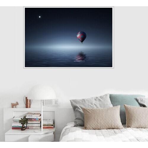 Abstract Hot Air Balloon in the Lake Sunset Poster Canvas Print Painting Wall Art Living Room Home Decoration