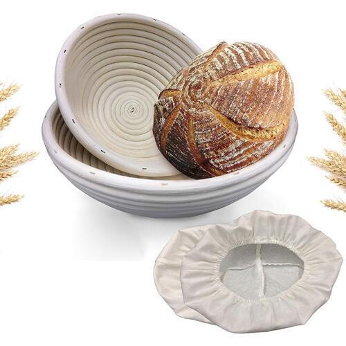 Meibum Dough Brotform Proofing Basket Baguette Banneton Bread Fermentation Rattan Basket Set With Flax Liner Knife Brush Scraper