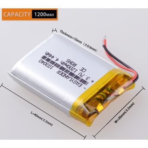 CE ROHS 3.7V 1200mAh 103040 li lithium Polymer Li-ion battery For MP3 cell phone speaker DVD GPS VR DVR MP4 Driving