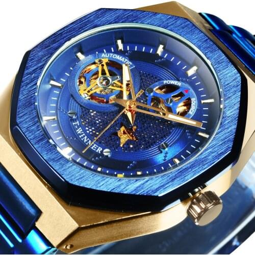 WINNER Official Automatic Watch Men Luxury Skeleton Mechanical Men Watches Blue Big Dial Classic Stainless Steel Business Casual