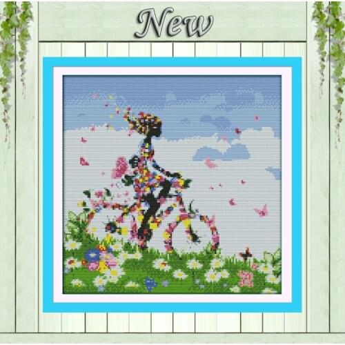 Flower fairy bike,Counted Printed on canvas 11CT DMC 14CT Cross Stitch Embroidery kit,needlework Set,woman by bicycle in garden