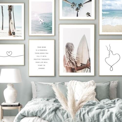 Surfboard Beach Girl Waves Palm Tree Almost kiss Line Nordic Poster Wall Art Print Canvas Painting Decor Picture For Living Room
