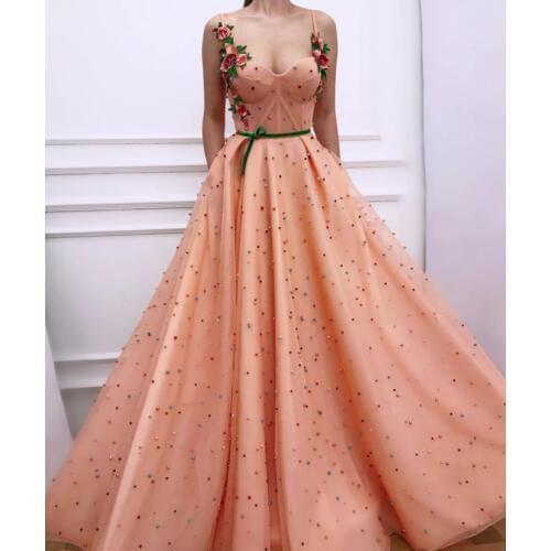 Elegant Muslim Evening Dresses A-line Spaghetti Straps Tulle Embroidery Pearls Dubai Saudi Arabic Long Formal Evening Gown