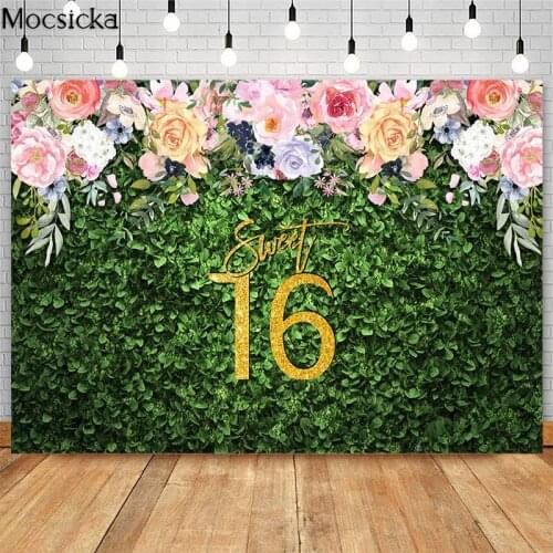 Green Leaf Wall Sweet 16th Birthday Party Backdrop Watercolor Flowers Photography Background Sixteen Years Old Decoration Banner