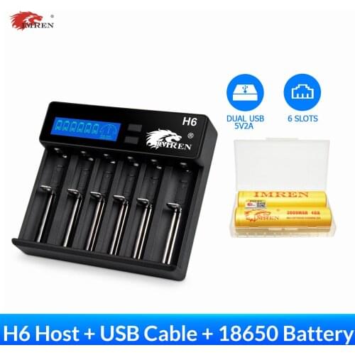 IMREN H6 5V2A 6 Slots Dual Usb Battery Charger For AAA AA A 18650 21700 26650 20700 14500 16340 16650 17650 with 2Pcs Batteries