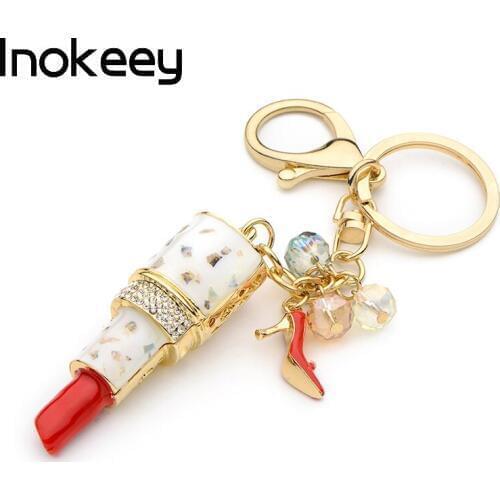 Inokeey Alloy Rhinestone Enamel Lipstick Key Chain Women Crystal White Red Lipstick Bag Key Ring Fashion Gifts