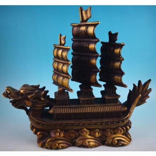 Chinese old feng shui decorate bronze Pure Copper dragon turtle Boat sailing Sculptures Figurines