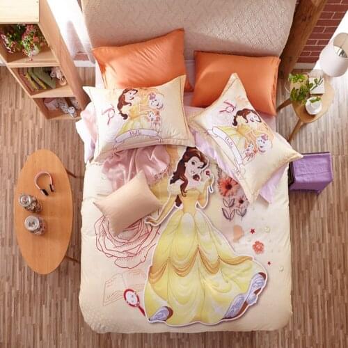 Disney Princess Beauty and the Beast 3D Printed Cream Bedding Set for Girls Children Birthday Gift Cotton Duvet Cover Pillowcase