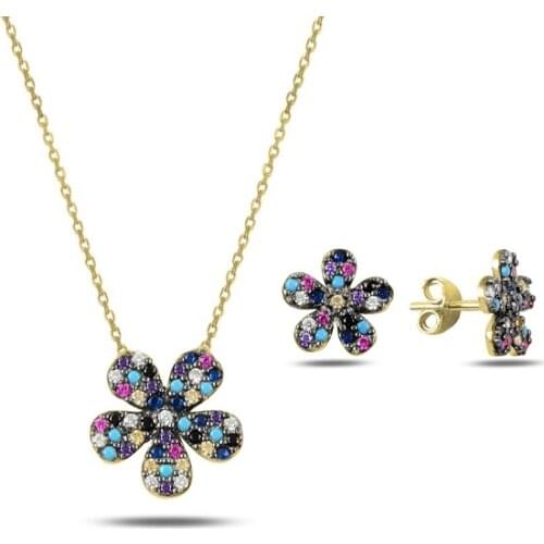Kutaydan Mixed Color Zircon Daisy Set 925 Sterling Silver Made in Turkey