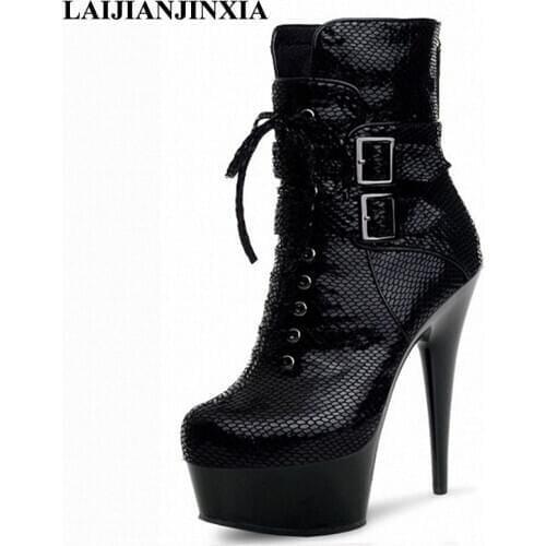 LAIJIANJINXIA New Sexy Ankle Boots Women Night Club Party 15cm High Heel Platform Pole Dancing Shoes Ankle Boots Dance Shoes