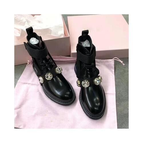 New Hiking Black Leather Ankle boots Punk Women Genuine Leather Biker Boots Metal Decoration Crystal Motorcycle Rain Booties