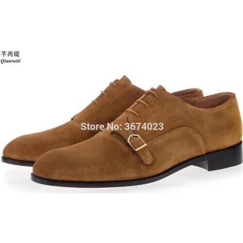 Qianruiti Fashion Men Business Shoes Faux Suede Brown Coffee Loafers Lace Up Flats Shoes Oxfords Shoes Men