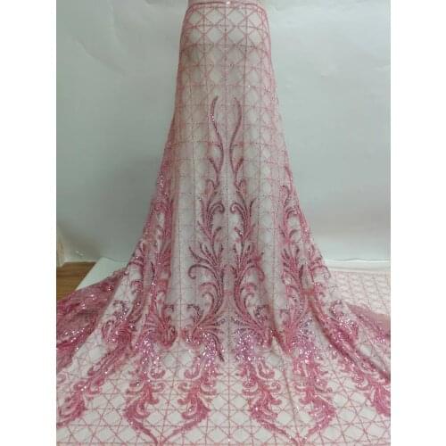 Pink Sequins Tulle Lace African Lace Fabric 2021 High Quality French handmade beaded Lace Fabrics 5 Yards For Wedding dress