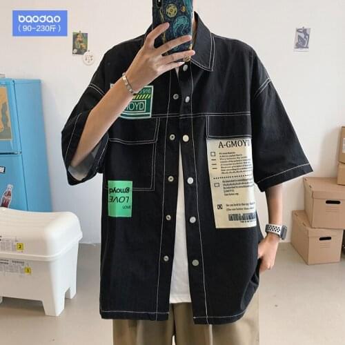 Summer Mens Single Breasted Loose Size Half Sleeve Shirt Black White Top Patchwork Letters Printed N55