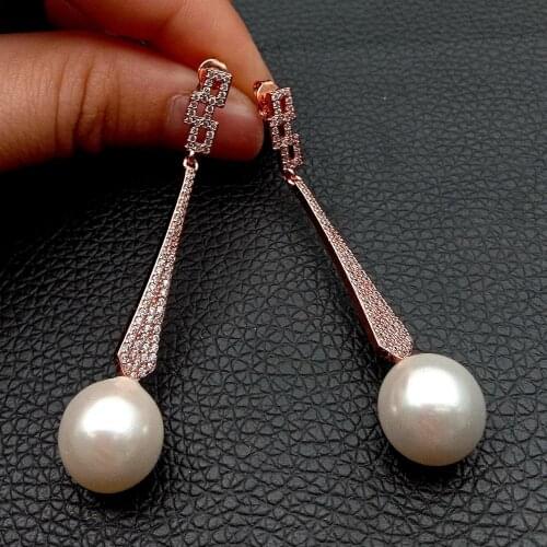 White Round Sea Shell Pearl cubic zirconia micro pave Rose Gold color Plated Stud Earrings geometric cute style for women girl