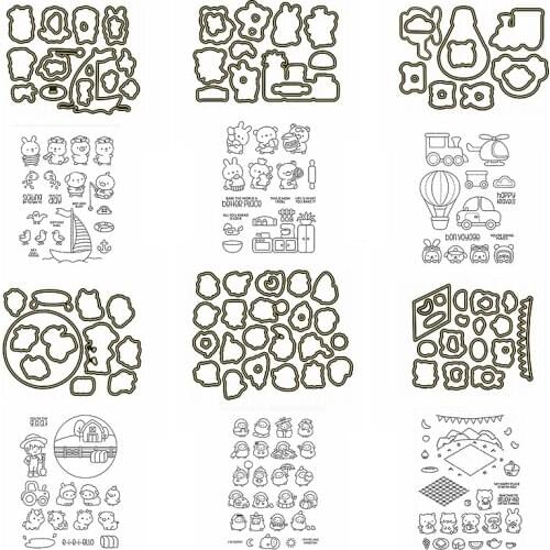 Mix Cute Animals Pig Rabbit Bear Car Cartoon Metal Cutting Dies Match Clear Silicone Stamps Diy Make Cards Album Photos Craft
