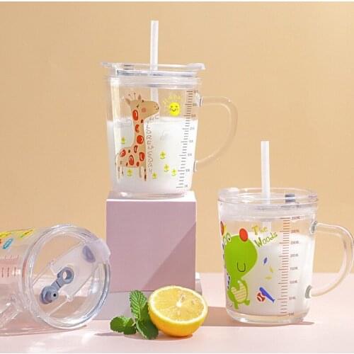 Glass water cup household milk cup with scale childrens creative straw cup with handle breakfast cup cute water bottle kawaii
