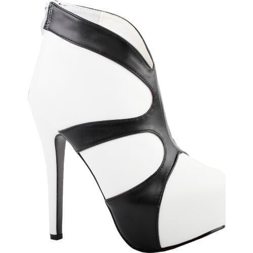 LF80853 Retro Sexy Round Toe Moto Cowgirl Platform Stiletto Pump Ankle Boot Black White