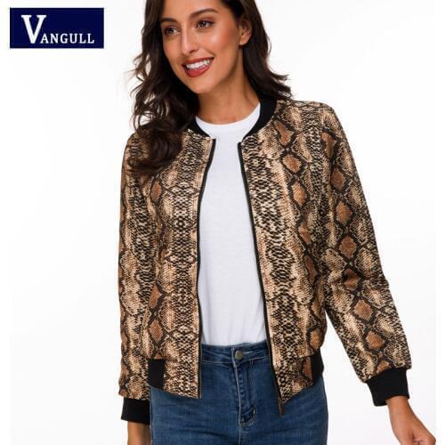 Vangull 2021 Spring Fashion Womens Clothing Snake Print Short Jacket Long Sleeve O-Neck Zipper Slim New Style Female Outerwear