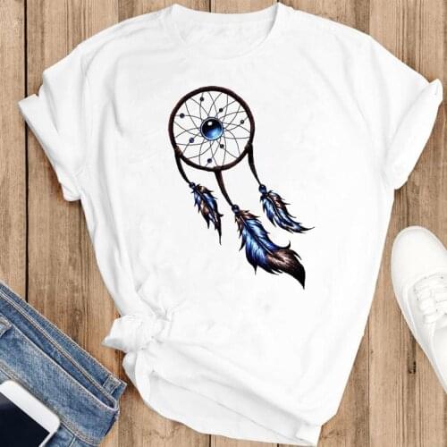 Women Sweet Watercolor Feather Vintage Style Cartoon Fashion Summer Lovely Clothes Print Short Sleeve Tops Tees Tshirt T-Shirt