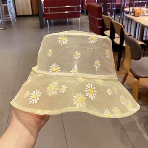 Women Transparent Lace Flower Beach Hats High Top Ladies Sweet Daisies Bucket Hat Snapback Fashion Daisy Sun Cap For Female