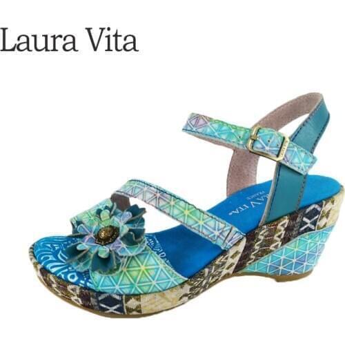 Laura Vita Hand Painted Genuine Leather Floral Hook Loop Soft Buckle Strap Sandals Summer Casual Women Shoes NEW
