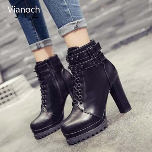 Vianoch Fashion High Heels Sexy Ankle Boots Lace Up Rivets Shoes Lady Size 40 Black wo180887