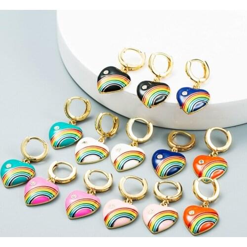 LOVOACC Hyperbolic Big Colourful Love Heart Rainbow Print Pendant Earrings for Women Ladies Shiny CZ Stone Earrings Accessories