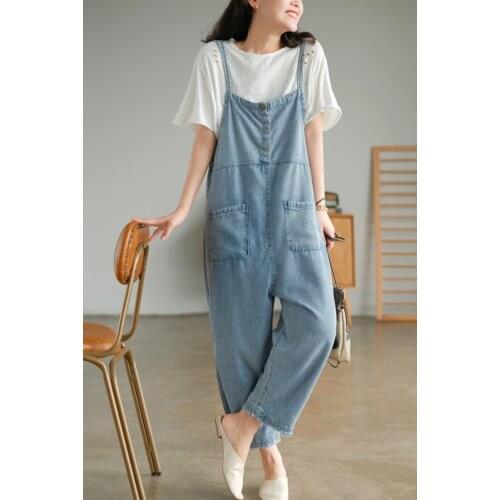 2021Summer Denim Jummpsuits Women Casual Solid Color Loose Washed Bleached Pockets Female Wild Wide-Leg Bodysuit