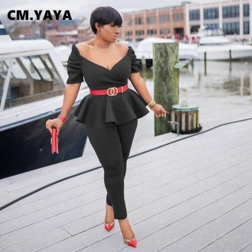 CM.YAYA Women Set Solid Ruffles Off Shoulder Short Puff Sleeve Tops Elastic Long Pants 2 Two Piece Set Tracksuit Outfit Summer
