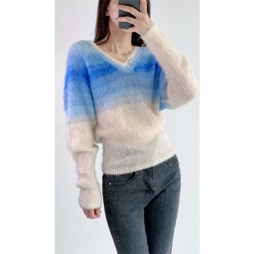 Women Sweater 2021 Early Autumn New Youth Gradient Color Mohair Double V-neck Sweater Women Loose Long-sleeved Sweater