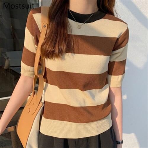 Summer Korean Striped Knitted Pullover Sweater Women Short Sleeve O-neck Slim Tops Korean Color-blocked Ladies Jumper Femme 2021
