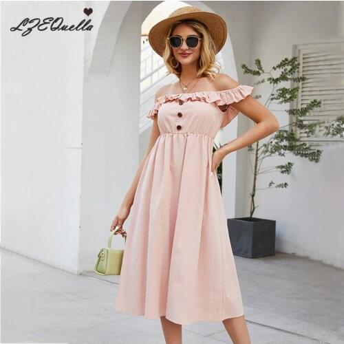 LZEQuella Women Sexy Long Dress Solid Ruffles Button Backless Dresses Strapless Sunmmer Beach Sundress Holiday Pink Vestidos