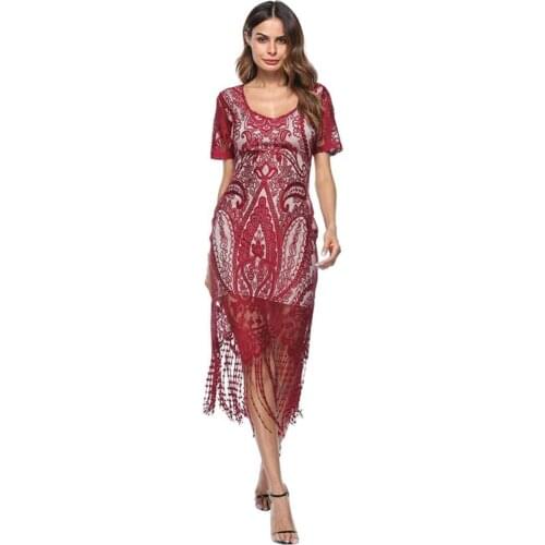 80%HOT Women V Neck Short Sleeve Lace Crochet Tassel Bodycon Party Cocktail Midi Dress