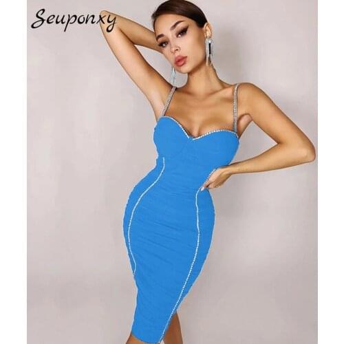 High Quality 2021 Summer Sexy Spaghetti Strap Backless Diamond Pleated Dress Womens Bodycon Club Evening Party Dress Vestidos