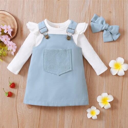 2 Color Baby Girls 3Pcs Suits Spring Autumn Warm Toddler Ribbed White Long Sleeve Romper + Pocket Suspender Skirt + Headwear