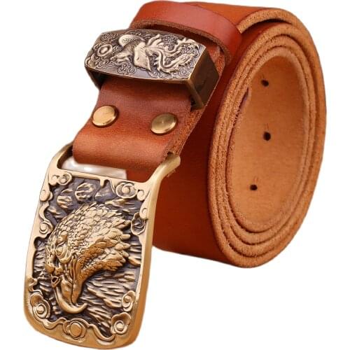 2020 new arrival Chinese stylish eagle men belt luxury solid brass buckle full grain cowhide genuine leather strap camel phoenix