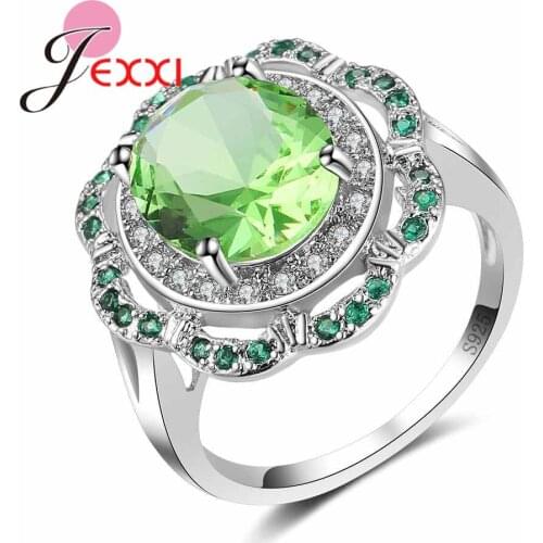 925 Sterling Silver Finger Rings For Beautiful Lady Paved White Green CZ Stone Wedding Engagement Jewelry